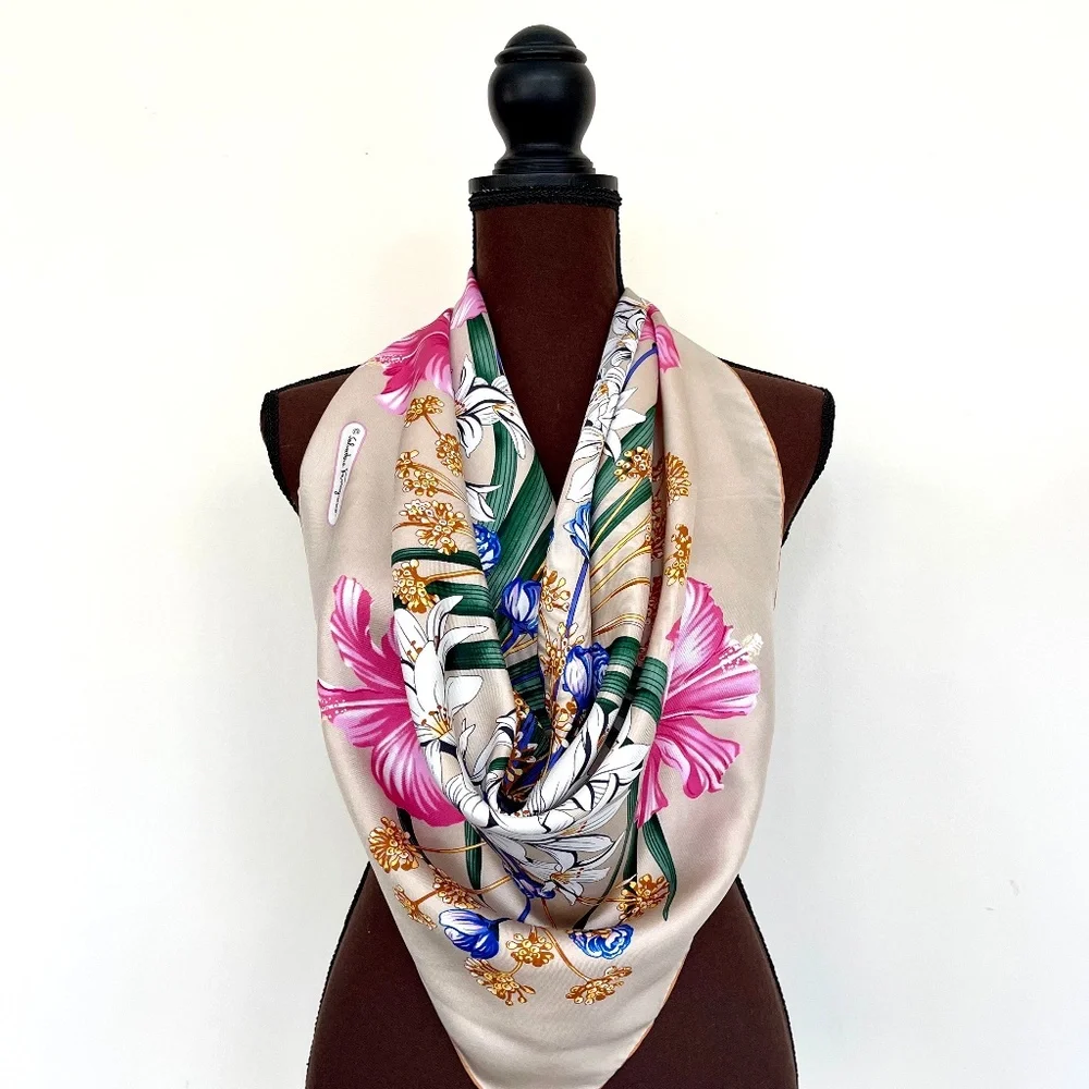 New Salvatore Ferragamo Silk Scarf Flowers Beige Multicolor Wrap Scarf